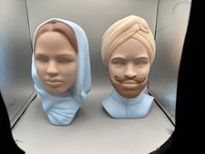 Vintage Pair/Lot Of 2 Marwal Chalk Ware Bust Man Woman Turbin Scarf Hand Painted picture
