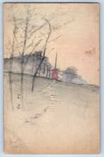 c1910's Hand Drawn Art Winter Scene Trees Posted Antique Postcard picture