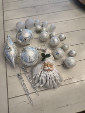 VTG 21 White Silver Glass Christmas Ornaments Lot Santa Head Icicles Snowflake picture