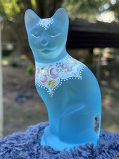 Fenton Aqua Blue/Topaz Satin Cat FigurineArt Glass Hand-Painted Signed Year 2002 picture