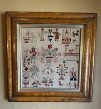 Antique Dutch Pictorial Needlework Sampler Bird's Eye Maple Frame Folk Art picture