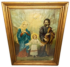 Antique 1930s Framed Lithograph The Holy Family  Mary & Joseph Jesus As A Child picture