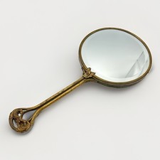Antique Brass Art Nouveau Repousse Vanity Hand Mirror Filigree Openwork Handle picture