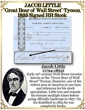 JACOB LITTLE “Great Bear of Wall Street” Tycoon, Signed RR Stock 1855 picture