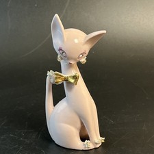 Vtg 50s Thames Pink Siamese Cat Rhinestone Eyes Spaghetti Trim Gold Bow Japan picture