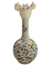 Antique Victorian Hand Painted Opaline Fluted Floral Handblown Glass Vase picture