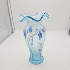 Vintage Fenton Aqua Vase Ruffled Edge Hand Painted  7.75