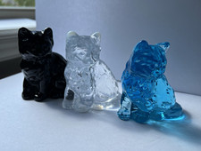 Set of 3 Mosser Glass Fluffy Cats. Blue, Clear Opalescent, and Black picture
