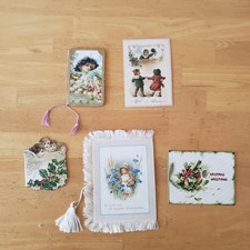 Antique Lot 5 Christmas Victorian Booklet Cards Unused Emboss Gilded Fringe New  picture