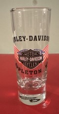 VTG ‘05 Harley Davidson Motorcycle USA Flag Appleton Wis. Tall Double Shot Glass picture