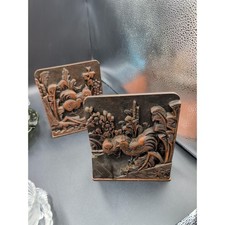 Antique Asian wood carved bookends pheasants jungle scene picture