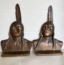 Rare Antique 1920s George J. Faneuf Solid Bronze Native American Chief Bookends picture