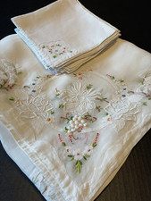 Vtg. Madeira Hand Embroidered Organdy Linen Tablecloth  11 Napkins Floral 120x66 picture