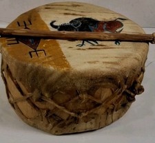 **AWESOME OLD  VINTAGE NATIVE AMERICAN BUFFALO HIDE DRUM SONJA HOLY EAGLE 11x6 * picture