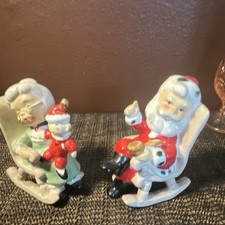Vintage Christmas Santa and Mrs Claus in Rocking Chairs Ceramic Figurine Set picture