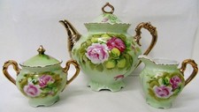 Vintage Lefton Green Heritage Roses Teapot, Creamer & Sugar Bowl x991a picture