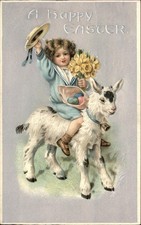 Easter Child on Goat Animals Embossed c1900s-10s Vintage Postcard picture