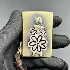 Zippo Brushed Brass Lighter with Welded Girl Emblem & Keychain Attachment  picture