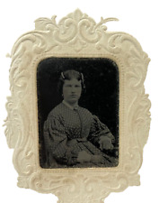 ANTIQUE TINTYPE LADY BEAUTIFUL DRESS WITH 2-CENT CIVIL WAR TAX STAMP 1860-1865 picture
