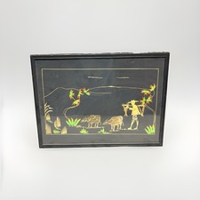 Vintage Mid Century Asian Straw Art Framed Black Velvet Farmer Water Buffalo MCM picture