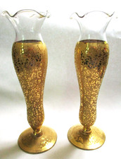 2 VINTAGE GLASTONBURY LOTUS GLASS BUD VASES 22 KT GOLD TRIM DAISY FIELDS 6.5