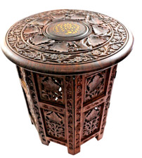 Very Finely Carved Colonial Teakwood inlaid Folding India Side table picture