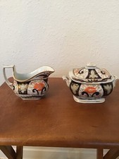 Antique New Hall English Porcelain Cream & Sugar Tureen Set Pattern 622 c1810 picture