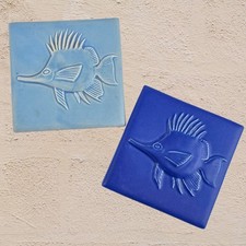 Vintage Gramer California Cobalt Blue Handmade Ceramic Art Tile Set of 2 - 4