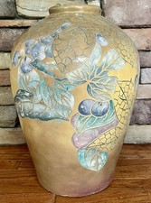 HUGE Vintage Chinoiserie Ceramic Floor Vase - Embossed Pastel Fruit & Leaf Motif picture