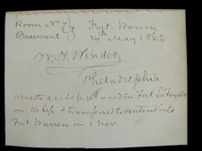 CIVIL WAR FORT WARREN BOSTON PRISONER WILLIAM H WINDER 1862 INSCRIBED CARD  picture