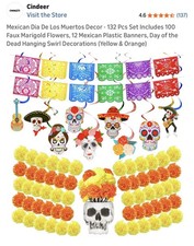 Dia De Los Muertos Decor Set - 132 Pcs with Faux Marigold Flowers & Banners picture