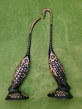Vintage Brass Swan Pair Black Gold Hand Etched Engraved Long Neck 11