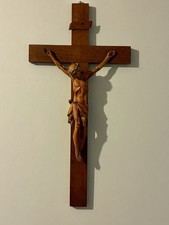 ANTIQUE 26” HAND CARVED WOOD CARVING JESUS WALL CRUCIFIX CROSS SCULPTURE FIGURE picture