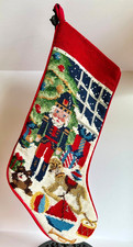 VTG Lands' End Nutcracker/Toys Needlepoint Christmas Stocking Wool/Cotton 17.5in picture