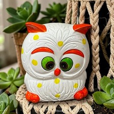 Norleans Vintage Owl Coin Bank Ceramic Japan Kitsch Polka Dots White Orange 70s picture