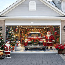 Christmas Garage Door Cover 16 X 7 FT Santa Claus Vintage Red Truck Door Banner picture
