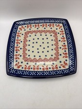 Kalich Polish Pottery Plate Boleslawiec Square 9.25” Blue Red Heart Bow Ties picture