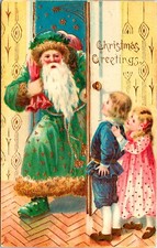 Vintage Tuck's Santa Claus in Green Robe/Boots, Pink Toy Bag, Christmas Postcard picture