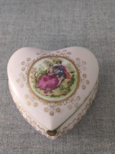 Vintage Lefton Heart Shaped Porcelain Trinket Box With Courting Couple picture