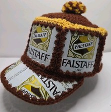 Vintage 1970s Falstaff Beer Can Crochet Hat Cap Retro Breweriana Party Bonnet picture