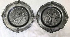 Antique Pair Rococo Pewter Cherub Plates Putti Relief Shell Scroll Rim picture