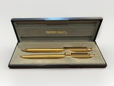 Vintage Paper Mate Pen & Pencil Set • Gold Tone • Double Black Hearts Hard Case picture