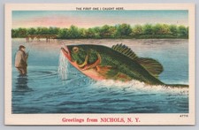 Greetings From Nichols New York Exaggeration Fishing Scene c1940s Postcard picture