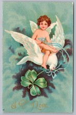 1907 Valentine's Day Cupid Riding Dove Four Leaf Clover Vintage Postcard picture
