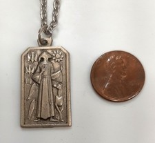 Handsome Stylize 1970's Vintage St. Francis of Assisi Silvertn Medal Necklace picture
