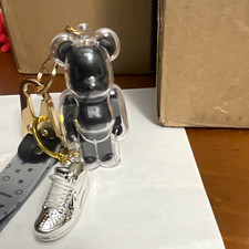 Supbear Bearbrick Figure Keychain w/ Gray Strap, Silver/Gray Sneaker Charm, Clip picture