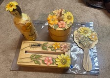 Vtg Jeanne Valentine Mexican Mod Papier Mache Hand Mirror, Tissue Box Set picture