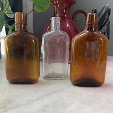 Antique Handblown Flasks (Blob Top) 1840s-1860s 2 Amber 1 Clear Applied Top picture