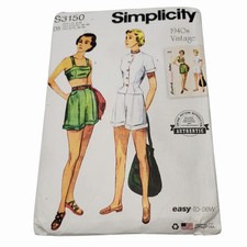Simplicity S3150 1940s Vintage Playsuit Sewing Pattern Misses Shorts Outfit 4-12 picture