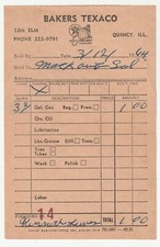 VINTAGE 1964 RECEIPT BILL - BAKER'S TEXACO - QUINCY ILLINOIS - GAS - OIL picture
